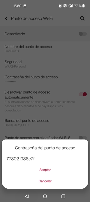 Introduzca una contraseña de punto de acceso Wi-Fi de al menos 8 caracteres y seleccione Aceptar