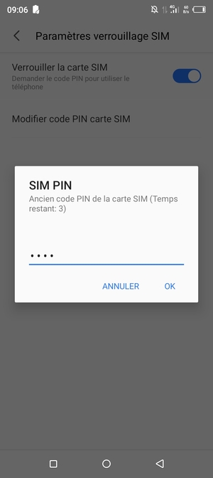 Saisissez votre Ancien code PIN de la carte SIM et sélectionnez OK