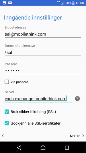Skriv inn Brukernavn og Exchange serveradresse. Velg NESTE