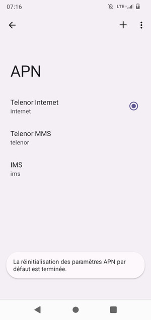 Votre téléphone va être réinitialisé avec les paramètres Internet et MMS par défaut