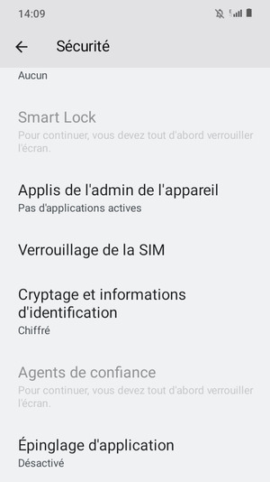Pour modifier le code PIN de la carte SIM, allez dans le menu Sécurité et sélectionnez Verrouillage de la SIM