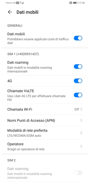 Scorri fino a SIM 1 o SIM 2 e seleziona Modalità di rete preferita