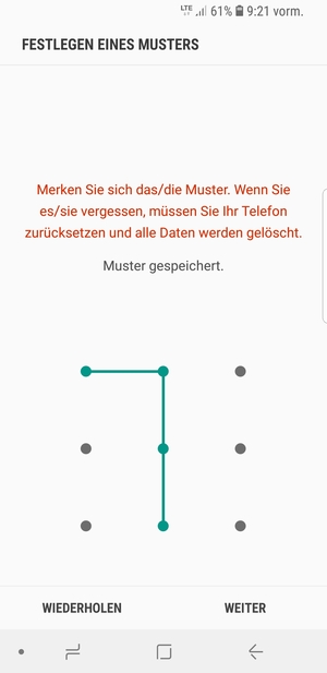 Zeichnen Sie ein Entsperrmuster und wählen Sie WEITER