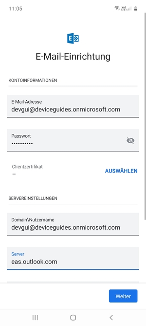 Geben Sie Benutzername und Exchange Server-Adresse ein. Wählen Sie Weiter