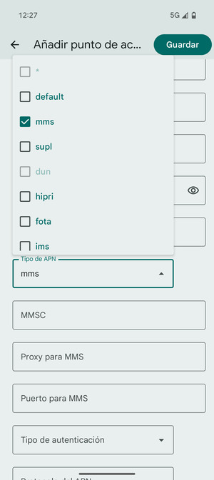 Marque la casilla de verificación mms