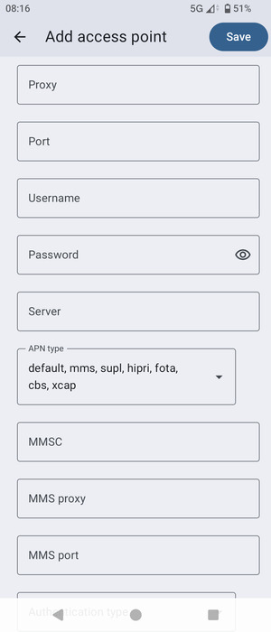 Scroll to and select APN type