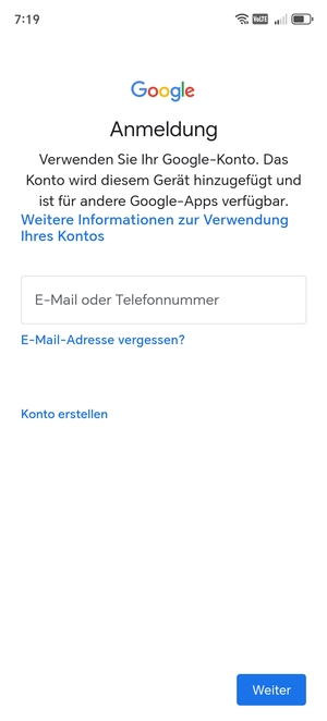 Geben Sie Ihre Gmail Adresse ein und wählen Sie Weiter
