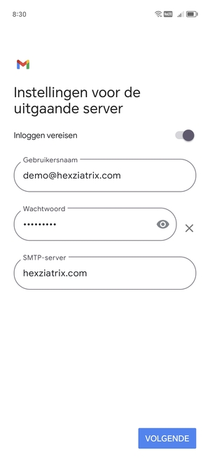 Voer Uitgaand serveradres in en selecteer VOLGENDE
