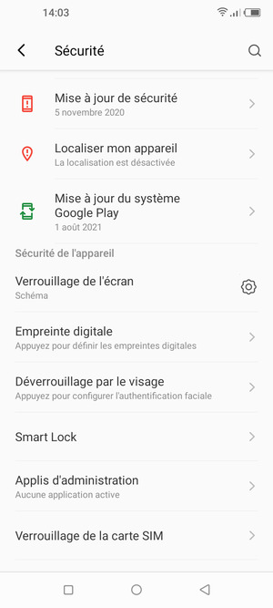 Pour modifier le code PIN de la carte SIM, faites défiler et sélectionnez Verrouillage de la carte SIM