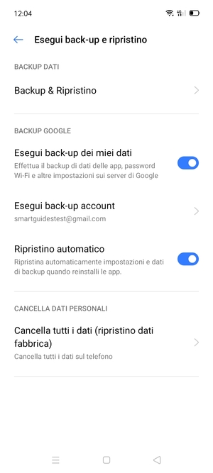 Seleziona Esegui back-up account