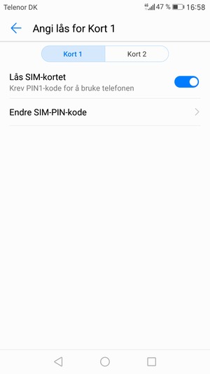 Velg Kort 1 eller Kort 2 og velg Endre SIM-PIN-kode