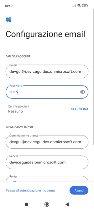 Inserisci Nome utente e l'indirizzo del server Exchange. Seleziona Avanti