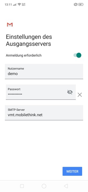 Geben Sie die Server-Adresse für ausgehende Post ein
