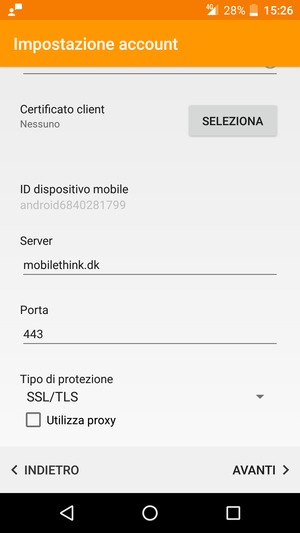 Scorri verso il basso e inserisci l'indirizzo del server Exchange. Seleziona AVANTI