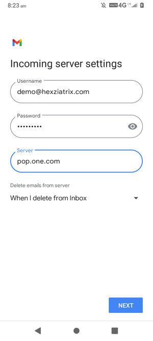 Enter Username and Incoming server address. Select NEXT