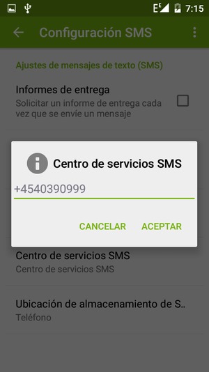 Introduzca el número de Centro de servicios SMS y seleccione ACEPTAR