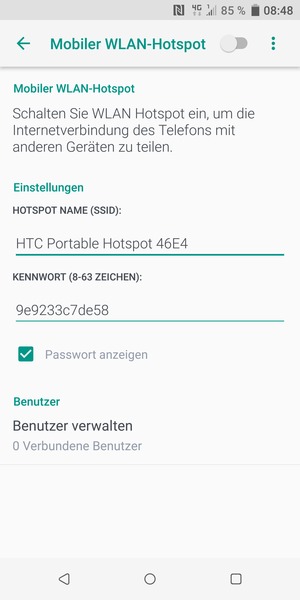 Geben Sie eine WLAN-Hotspot-Passwort mit mindestens 8 Zeichen ein