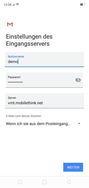 Geben Sie Benutzername und die Server-Adresse für eingehende Post ein. Wählen Sie WEITER
