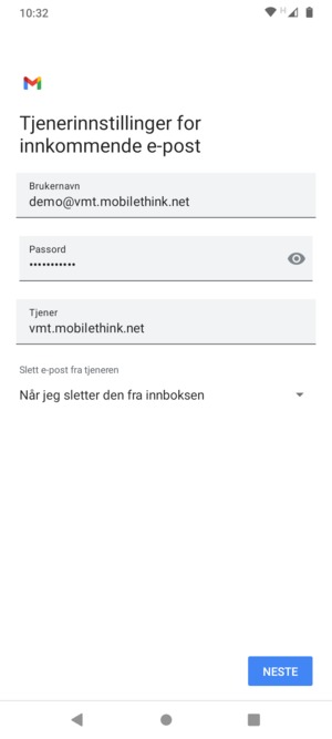 Skriv inn Brukernavn og innkommende serveradresse. Velg NESTE
