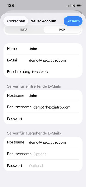 Geben Sie E-Mail-Informationen für Server für ausgehende E-Mails ein und wählen Sie Sichern