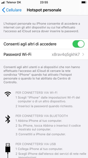 Il telefono è ora pronto per essere usato come modem.