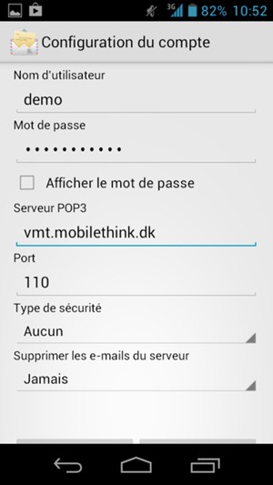 Saisissez votre Nom d'utilisateur et l'adresse du serveur entrant