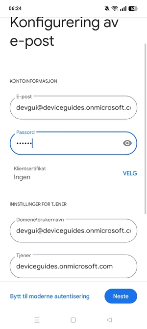 Skriv inn Brukernavn og Exchange serveradresse. Velg Neste