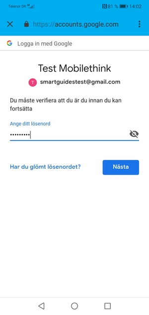Ange ditt Gmail lösenord och välj Nästa