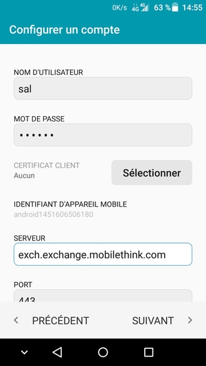 Saisissez votre Nom d'utilisateur et l'adresse du serveur Exchange. Sélectionnez SUIVANT