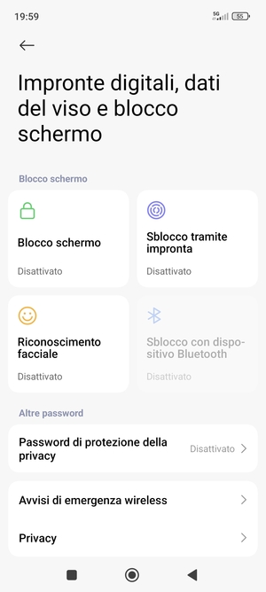 Per attivare il blocco dello schermo, torna al menu Impronte digitali, dati del viso e blocco schermo e seleziona Blocco schermo