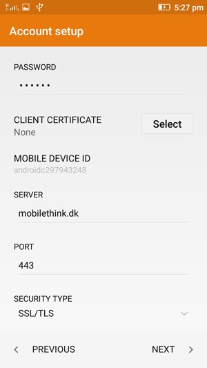 Scroll down and enter Exchange server address. Select NEXT