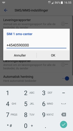 Indtast SIM sms-center nummeret og vælg OK