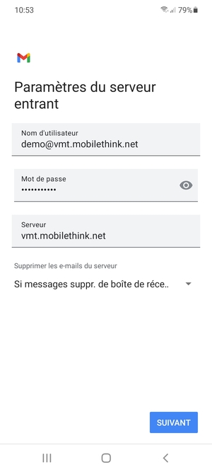Saisissez votre Nom d'utilisateur et l'adresse du serveur entrant. Sélectionnez SUIVANT
