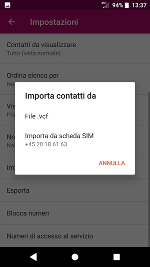 Seleziona Importa da scheda SIM