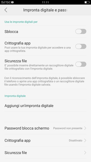 Seleziona Password blocca schermo