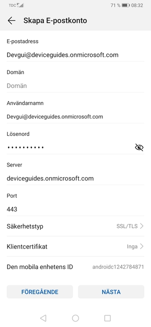 Ange Exchange serveradress och välj NÄSTA