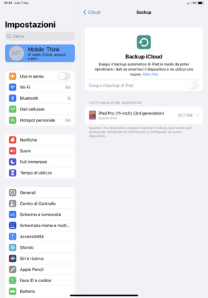 Imposta Backup iCloud su ON