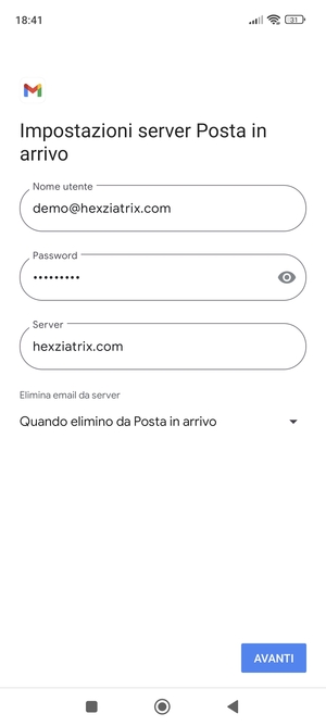 Inserisci Nome utente e l'indirizzo del server di posta in arrivo. Seleziona AVANTI
