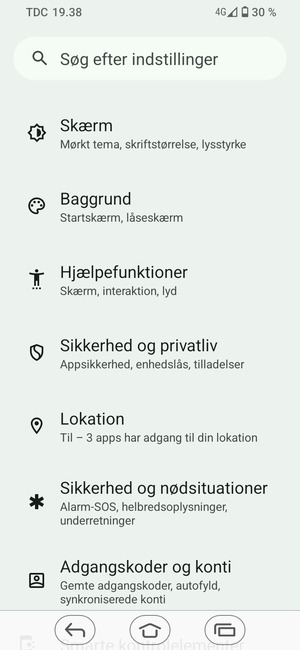 Scroll til og vælg Sikkerhed og privatliv