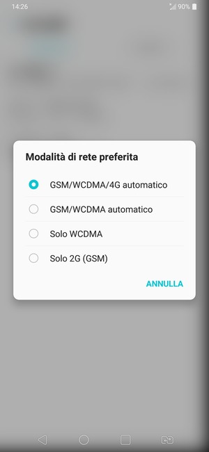Seleziona Solo 2G (GSM) per abilitare 2G