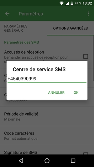 Saisissez le numéro du Centre de service SMS et sélectionnez OK