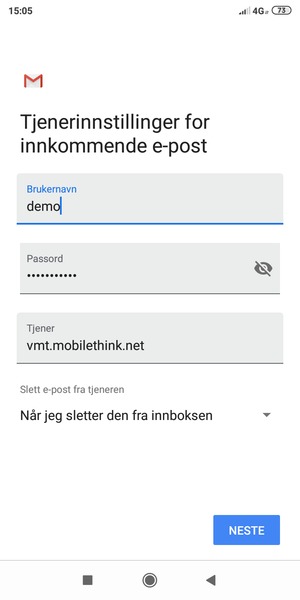 Skriv inn Brukernavn og innkommende serveradresse. Velg NESTE