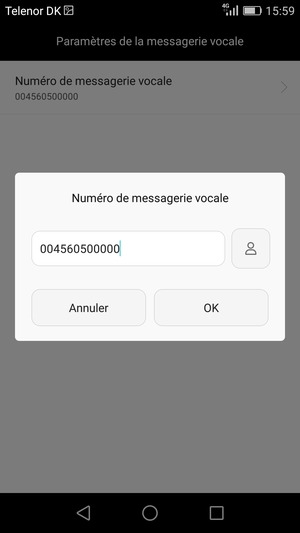 Saisissez le Numéro de messagerie vocale et sélectionnez OK