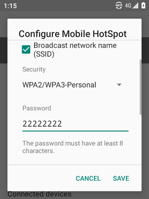 Enter a Wi-Fi hotspot password of at least 8 characters and select SAVE