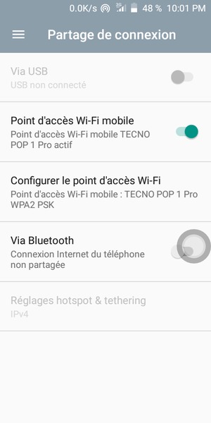 Votre téléphone est maintenant configuré pour être utilisé comme modem