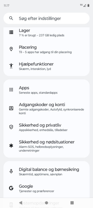 Scroll til og vælg Sikkerhed og privatliv