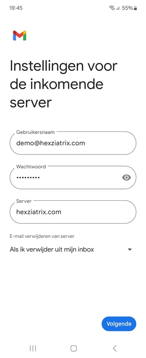 Voer Gebruikersnaam en binnenkomend serveradres in. Selecteer Volgende
