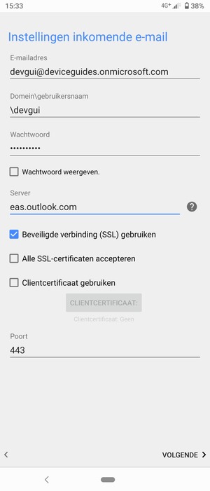 Voer Gerbuikersnaam en Exchange serveradres in. Selecteer VOLGENDE