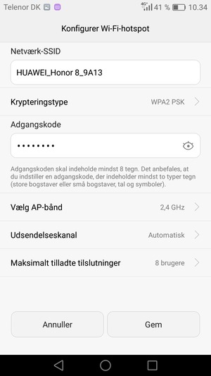 Indtast en Wi-Fi-hotspot adgangskode på minimum 8 tegn og vælg Gem