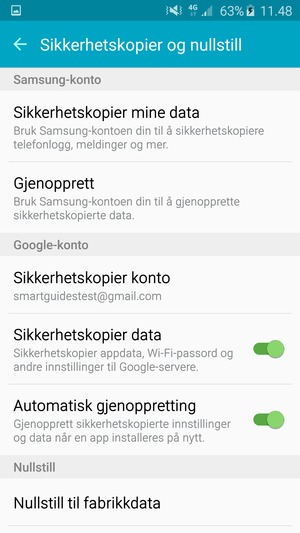 Slå på Sikkerhetskopier data og velg Sikkerhetskopier konto